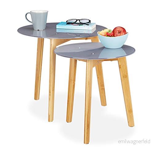 Relaxdays grå/natur 2 pack, bambuben, glasbordsskiva, dekorativt mönster, satbord, 40 och 50 cm Ø, 45 x 4052025247768