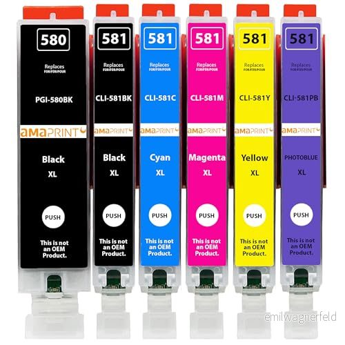 Amaprint 6 XL patroner kompatibel med Canon PGI 580 CLI 581 fotoblått för Pixma TS8100 TS8150 TS8151 TS8152 TS8200 TS8250 TS8251 TS8252 TS8300 TS8350 TS8351 TS8352 TS9100 TS9150 TS9155 4038998407859