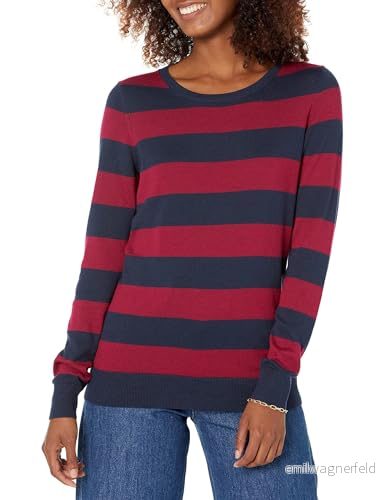 Amazon Essentials långärmad lätt tröja med rund hals (finns i plusstorlek), vinröd marinblå rugbyremsa, medium 194223274857