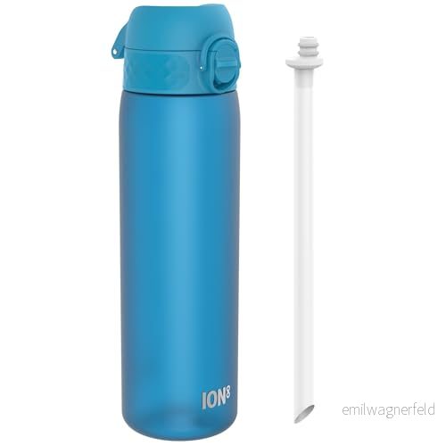 ION8 Vattenflaska Med Sugrör, 500 ml/18 oz, Läcksäker, Lätt att Öppna, Säkert Lås, Diskmaskinssäker, BPA fri, Hygieniskt Lock, Bärhandtag, Passar i Mugghållare, Rengöra, Luktfri, Blå 619098091274