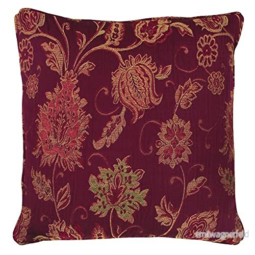 Riva Paoletti Zurich fylld kudde röd dekorativ blommig jacquarddesign rörkanter vändbar100 fodral (18 tum x 18 tum) Designad i Storbritannien, polyester, vinröd, 45 cm 5025532194015
