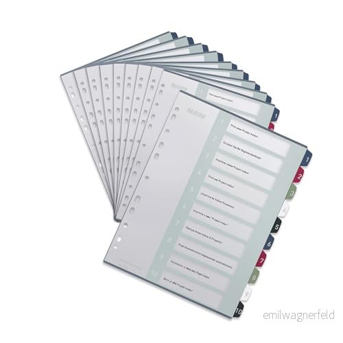 Leitz register för A4, 10 pack, PC skrivbart försättsblad och skiljeblad, flikar med nummertryck 1 10, överbredd, vit/flerfärgad, PP, stil, 1237000 4002432584550