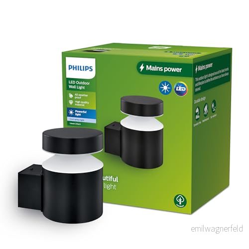 Philips Laven utomhusvägglampa, 6W, 2700K varmvitt ljus, svart, IP44 vädertätad 8720169266612