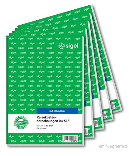 Sigel RA515 resekostnadsavräkning för enskilda resor, A5, 50 blad med blåpapper, enstaka l (5 pack) 5 Stück 4004360970320