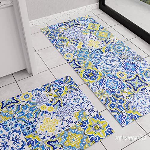 PETTI Artigiani Italiani köksmatta, tvättbar halkfri kökslöpare, 52 x 440 cm, blå Vietri Design, 100% tillverkad i Italien 8053687764828