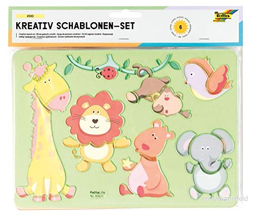 folia 40611 Kreativ Zoo, 6 mallar inklusive avfärgningsmallar, för målning av olika djur, enkel användning med färgade pennor, filtpennor och markörer 4001868121315