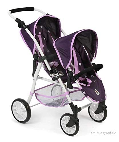 Tandembuggy Twinny, tvillingbuggy för två dockor, dockvagn barn från 4 till 8 år, stjärnor lila 4004181691718