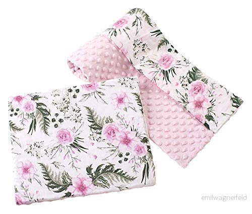 Medi Partners Babyfilt krypfilt med kudde 100% bomull minky barnfilt stor dubbelsidig 75 x 100 + 35 30 cm multifunktionell för säng barnvagn (rosa blomma ljusrosa minky) 5903031425260