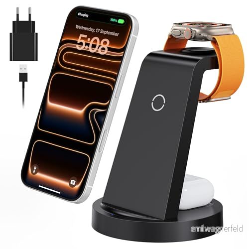 3 i 1 trådlös laddningsstation snabb laddare kompatibel med iPhone 15 14 13 12 11 Pro SE X XS XR 8 och Apple Watch 7 6 5 4 2 Air Pods 18W adapter 752010790494