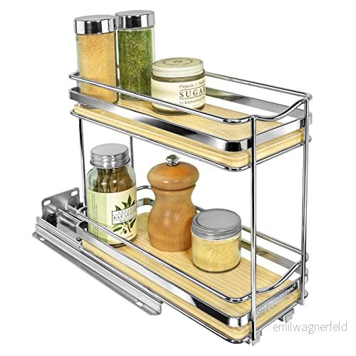Lynk Professional® Élite™ utdragbar kryddhylla organiserare för skåp 4 1/4 tum bred utdragbart ställ trä och krom glidande kryddorganiseringshylla 2 nivåer 13359324222