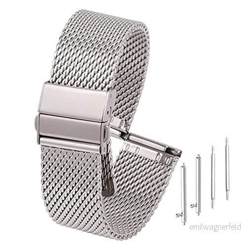 Adallor® 20 mm 22 ett stycke metallnät klockrem armband med vikbart lås, snabb frigöring ersättning i rostfritt stål för män kvinnor, utbytbara klockband svart, SILVER 747370055406
