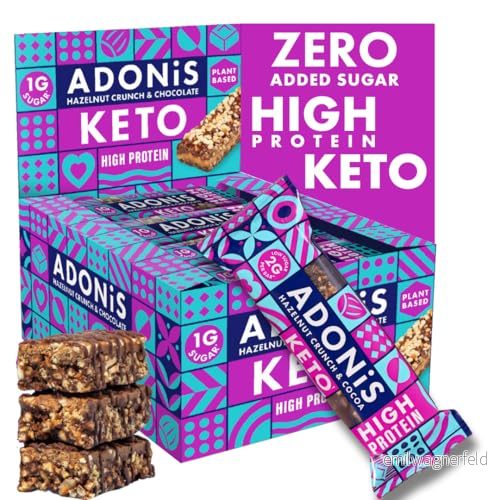 Adonis Keto Hasselnöt krisp & Kakaobars (16 Bars) Växtbaserad vänlig 100% naturligt Vegan Högt protein Lågt socker, kalorier och kolhydrater för viktminskning Perfekt frukost 5060474940993