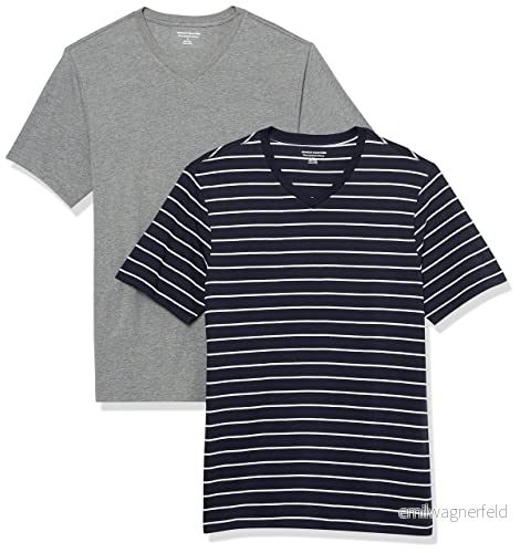 Amazon Essentials mäns Slim Fit kortärmad V ringad t shirt, paket med 2, grå ljung/marinblå rand, Small 196433607296