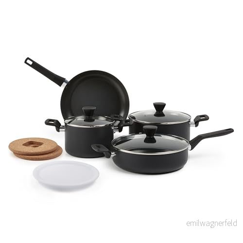 Amazon Basics uppsättning med 10 hårdanodiserade kokkärl non-stick-beläggning som innehåller kastruller och stekpannor kan staplas för att spara utrymme, svart 840095896832