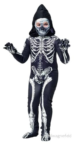 Rubies Stygg skelettdräkt för pojkar och flickor, skelett, jumpsuit med handskar huva, officiell licens halloween, cosplay, fester 8422971898998