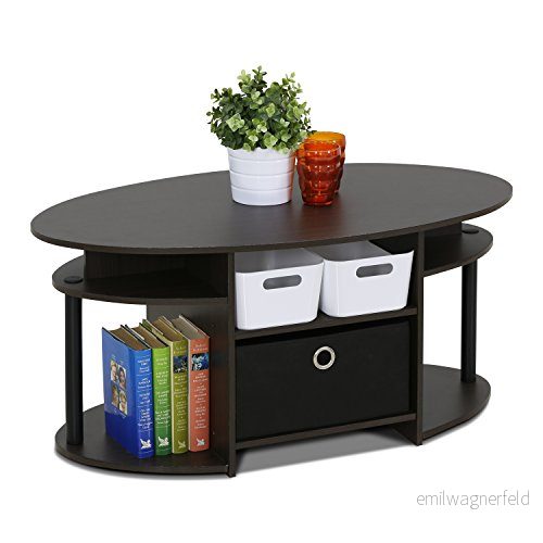 Furinno JAYA enkel design ovalt soffbord med fack, valnöt 816718020410