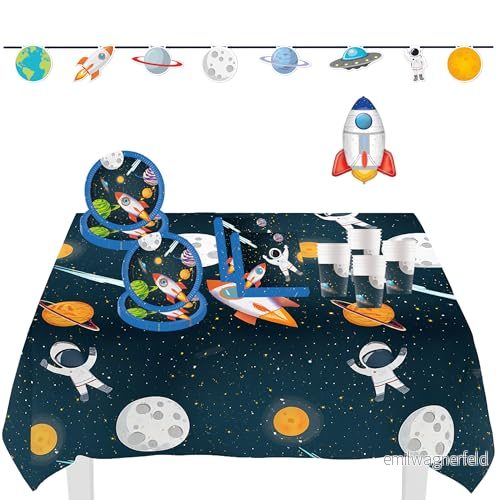 Procos DY 10273857 Raket Space Party Set Large, tallrikar, servetter, muggar, banderoller, bordsduk, folieballong, bordsdekoration, födelsedagsdekoration 4058411738575