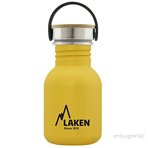 Laken Rostfritt stålflaska med skruvlock stål och bambu bred mun 350ml, gul 8412544056658
