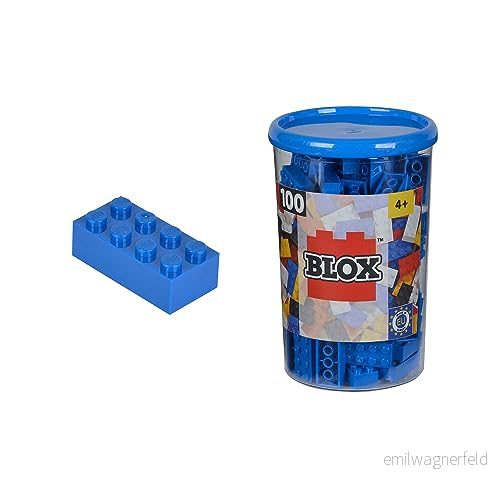 Simba 104118906 Blox, 100 blå byggstenar för barn från 3 år, 8 stenar, inklusive burk, hög kvalitet, helt kompatibel med många andra tillverkare, 4006592489069