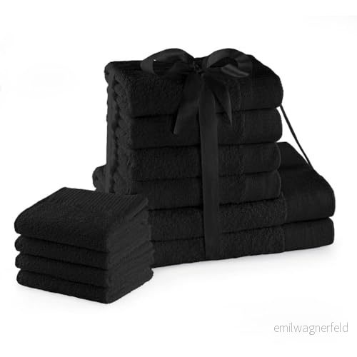 AmeliaHome Handduksset svart 4 gästhanddukar 30 x 50 cm handdukar 100 och 2 badhanddukar 70 140 100% bomull kvalitetsabsorberande amari 4251525428503