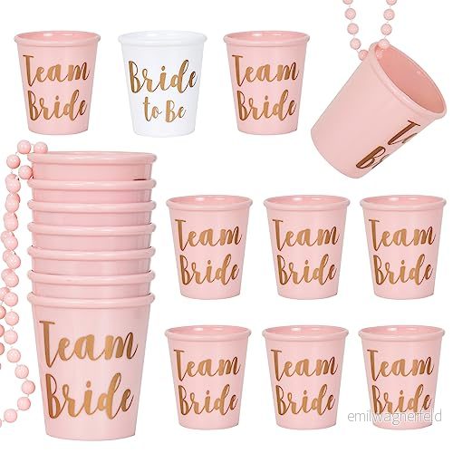 14 Pcs Team Bride and Plastic Beaded Bridal Shot Glass Necklace Pink White, Bachelor Party Chain Wine Cup Groom Glasses for Wedding Hen 5060969322730