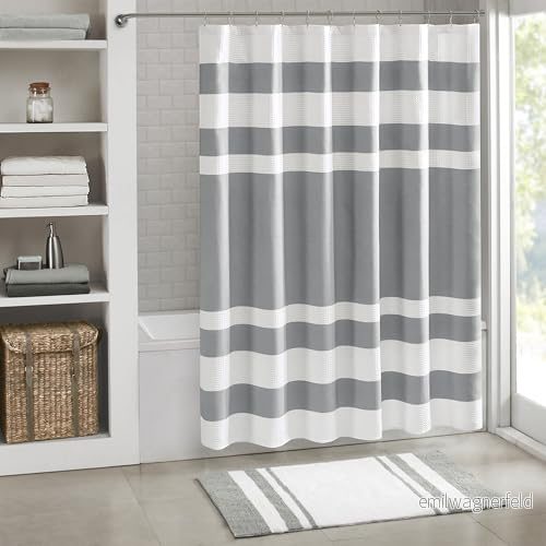 Madison Park duschdraperi våffelväv randig design tyg duschdraperier för badrum med 3M Scotchgard fukthantering premium spa kvalitet modern standard 183 cm x grå 675716608996