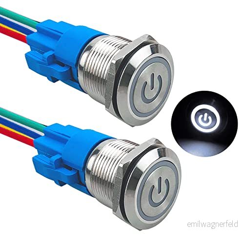 Aiqeer 2 stycken 19 mm låsande tryckknapp, 12 V/24 V 5 A automatisk tändning startbrytare, IP67 vattentät tryckbrytare i rostfritt stål, med förkopplat uttag (vit LED) 750139208517