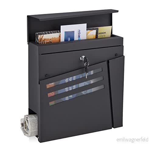 Relaxdays brevlåda med tidningsfack, visningsfönster, HBT 37 x 11 cm, 2 nycklar, stål, modern brevlåda, svart 4052025389475