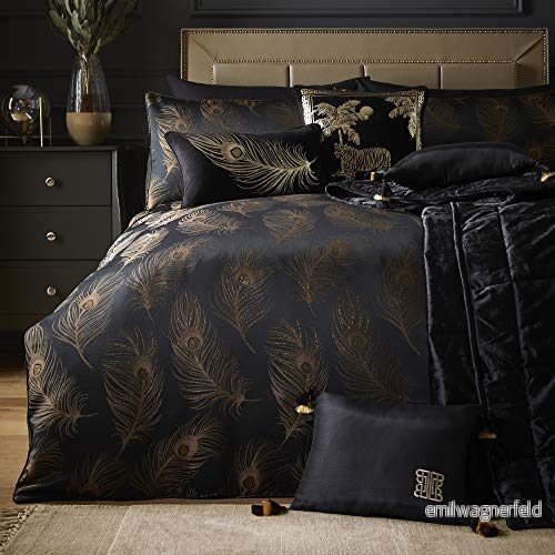 Laurence Llewelyn Bowen lyxiga påslakanset i svart och guld superkung (220 x 260 cm) påfågelbladsmönster mjuk silkeslen känsla (96% polyester 4% metallisk) 5055161645718