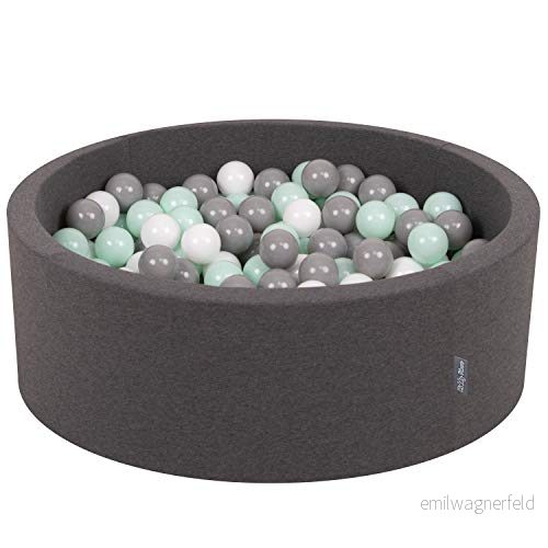 KiddyMoon Fjärdedelar kantig bollbad bollpool 90 x 30 cm/200 bollar Ø 7 cm bollgruvor för spädbarn lekbad småbarn, tillverkad i EU, mörkgrå/mynta 5902687417766