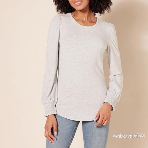 Amazon Essentials dam långärmad rund hals smockad manschett t shirt, grå ljung, L 195111708751