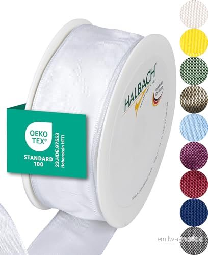 Halbach sidenband premium presentband med trådkant bredd 40 mm längd 25 m Öko Tex 100 certifierat band Taftband Made in Germany, färg: vit 4015275129574