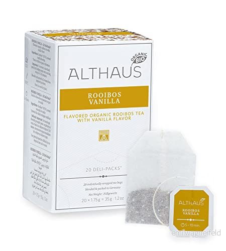 Althaus Te ROOIBOS VANILLA 20 x 1,75 g, BIO Rooibush/Rooibos/Rooibuschte med vaniljsmak i en klassisk teupphällningspåse 4260312441038