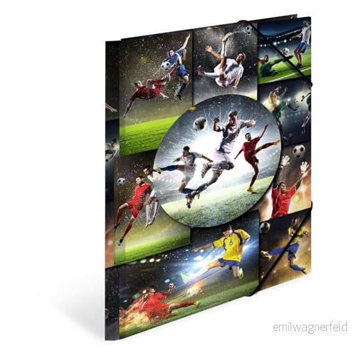 HERMA 19298 A4 Sport Fotboll, uppsättning av 3, stabil kartong, organisationsmapp med tryckta innerfack och elastiskt band, dokumentmapp för barn, pojkar flickor 4008705921763