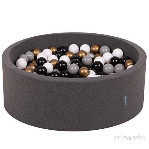 KiddyMoon bollbad 90 x 30 cm/300 bollar Ø 7 cm bollpool med färgglada för spädbarn barn rund, mörkgrå/svart/guld 5902687418039