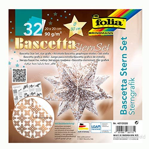 folia 407/2020 pysselset, Bascetta stjärngrafik, vit/koppar, 32 ark, 20 x cm, färdig storlek på pappersstjärna ca 30 med detaljerade instruktioner perfekt för tidlös dekoration 4001868087772