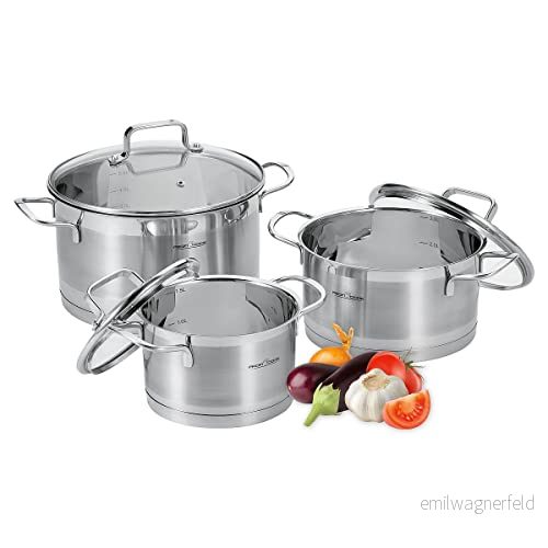 ProfiCook PC KTS 1223 Induction Cooking Pot Set, 6 Pieces, for All Hobs, Electric Hob, Ceramic Halogen and Gas Cooker, Stainless Steel Set with Lid, Scale Inside 4006160012231