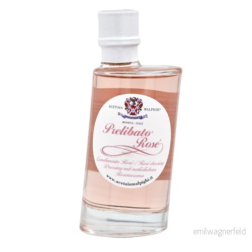 Acetaia Malpighi Condimento Rosé Prelibato Riserva 200 ml gjort på Trebbiano Modenese och Ancellotta druvor, berikat med naturlig rosenessens, elegant aromatisk smak. 8032793916321