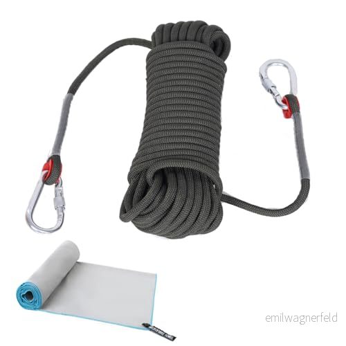 Amalan mångsidigt utomhus rep + snabbtorkande handduk, D10 mm, nylonrep med 2 karbinhakar, lastvikt 1200 kg, livlina, bergsklättring, camping (20 m armégrön) 9341201026798