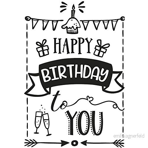 Rayher Hobby 29108000 trästämpel Happy Birthday 7 x 10 cm, textstämpel födelsedag, perfekt för att designa kort, kuvert, smör 4006166824784