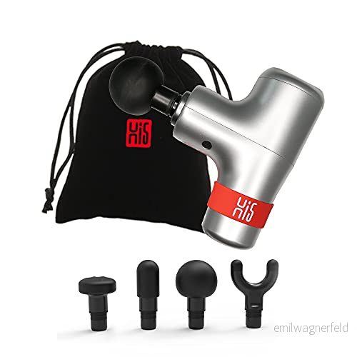 Hi5 Allmän vibrationsmassageapparat djup vävnad massagepistol för bantning efter sport nacke axlar rygg avslappning lugn drift 4 massagehuvuden silver med sammetspåse 841930146846