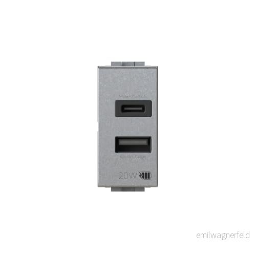 4box USB3.0 USB 3 ampere strömförsörjning med 2 utgångar på en modul typ A och C kontakt kompatibel Bticino LivingLight Tech, Silver 8053839321855
