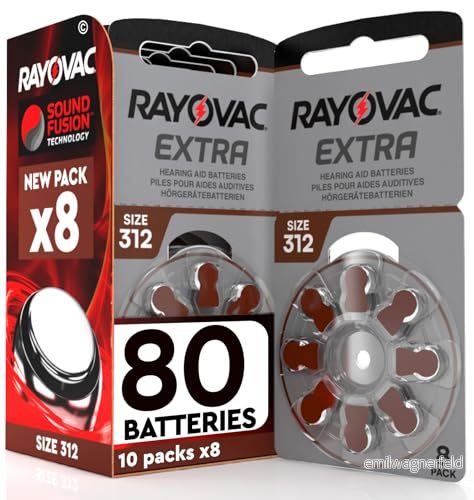 80 Rayovac Extra 312 hörapparatbatterier storlek PR41 (brun) 10 blister med 8 batterier 8057592637321