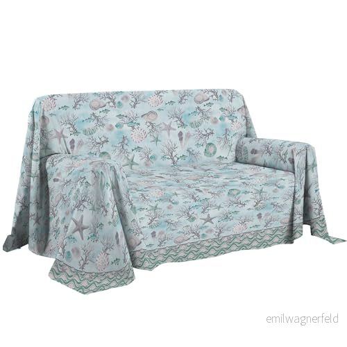 PENSIERI DELICATI Sofföverdrag 250 x 290 cm tillverkat i Italien, heltäckande överdrag 100% ren bomull, grönt marinmönster, perfekt som heminredning, sängöverdrag eller sommartäcke (2 rutor) 8055267615261