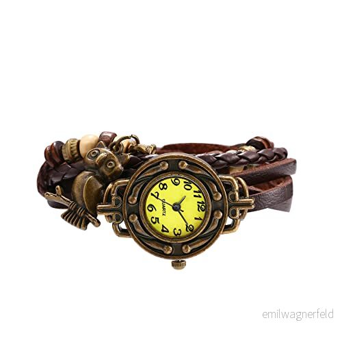Avaner Vintage armbandsur med handflätade blad uggla fjäril hänge män damer klocka analog kvartsur läder armband för kvinnor män, Brun uggla, Retro 6975033400742