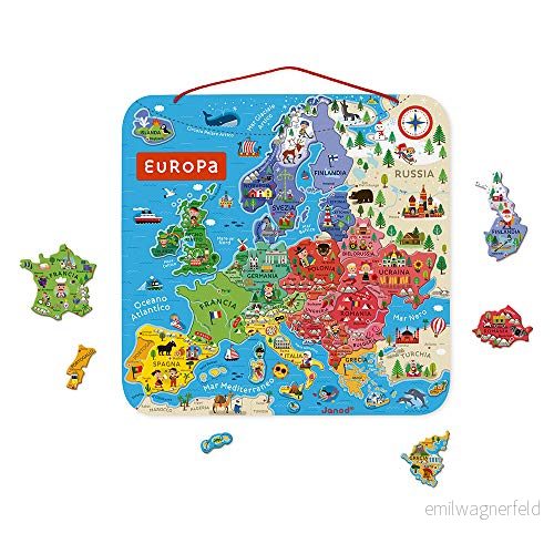 Janod magnetiskt pussel europeisk karta Pedagogiskt träpussel för lärande av geografi resa med 40 magneter att hänga på väggen Italiensk version Från 7 år, J05475 3700217354756