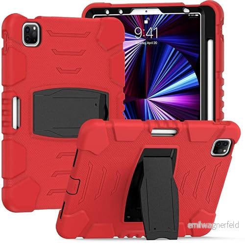 Samsung Tab grundare på 10,1 T590 T595 med stöd, hållbar, hybrid, chockerande, resistent, tre lager, silikonskydd för barnsurfplatta (röd) 755985006270