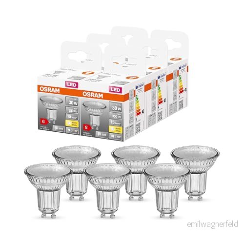OSRAM PAR16 LED reflektorlampa med GU10 sockel, varm vit (2700K), glas spot, 4.3W, ersätter 50W reflektorlampa, STAR , 6 st. 4058075617681