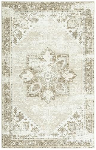 SAFAVIEH Traditionell matta för maskintvättbar och halkfri perfekt frekvent trafik Tucson Collection, kort lugg, salvia elfenben, 90 x 150 cm 195058444934
