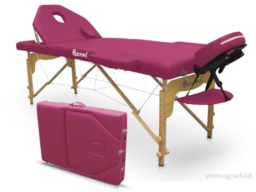 QUIRUMED Elite hopfällbart massagebord i trä, rosa, 194 x 70 cm, konstläder, bärbart, ryggstöd, avtagbart huvud, ansiktshål, justerbar höjd, upp till 150 kg 8435270797213